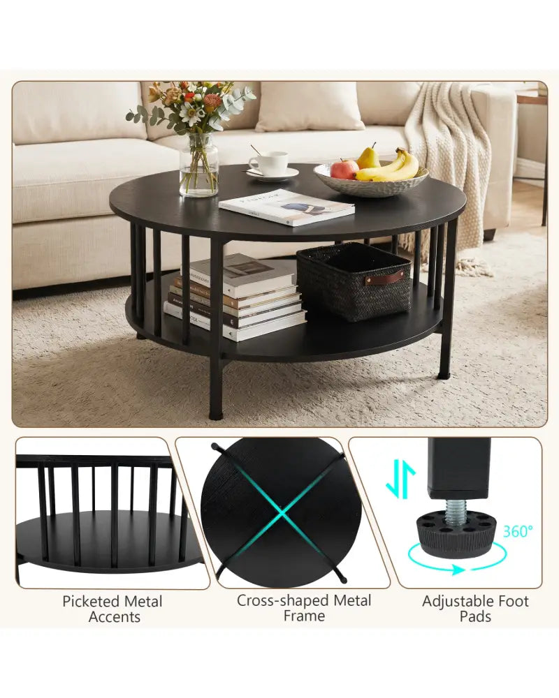 2-Tier Round Coffee Table with Storage Shelf and Metal Accents in Black Walnut-Black - Black - Coffee Tables