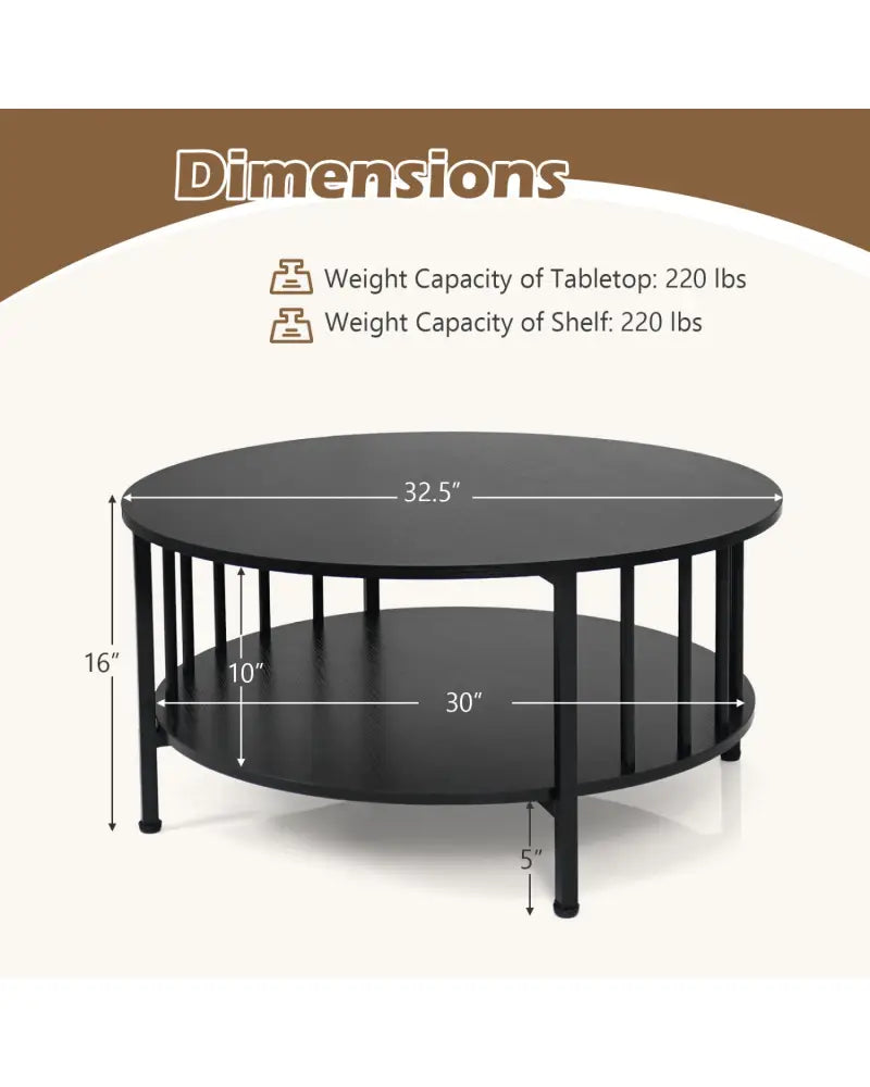 2-Tier Round Coffee Table with Storage Shelf and Metal Accents in Black Walnut-Black - Black - Coffee Tables