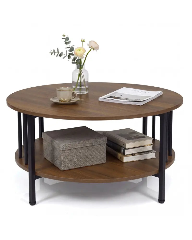 2-Tier Round Coffee Table with Storage Shelf and Metal Accents in Black Walnut-Walnut - Walnut - Coffee Tables