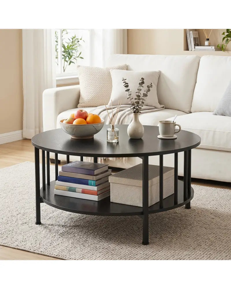 2-Tier Round Coffee Table with Storage Shelf and Metal Accents in Black Walnut-Black - Black - Coffee Tables