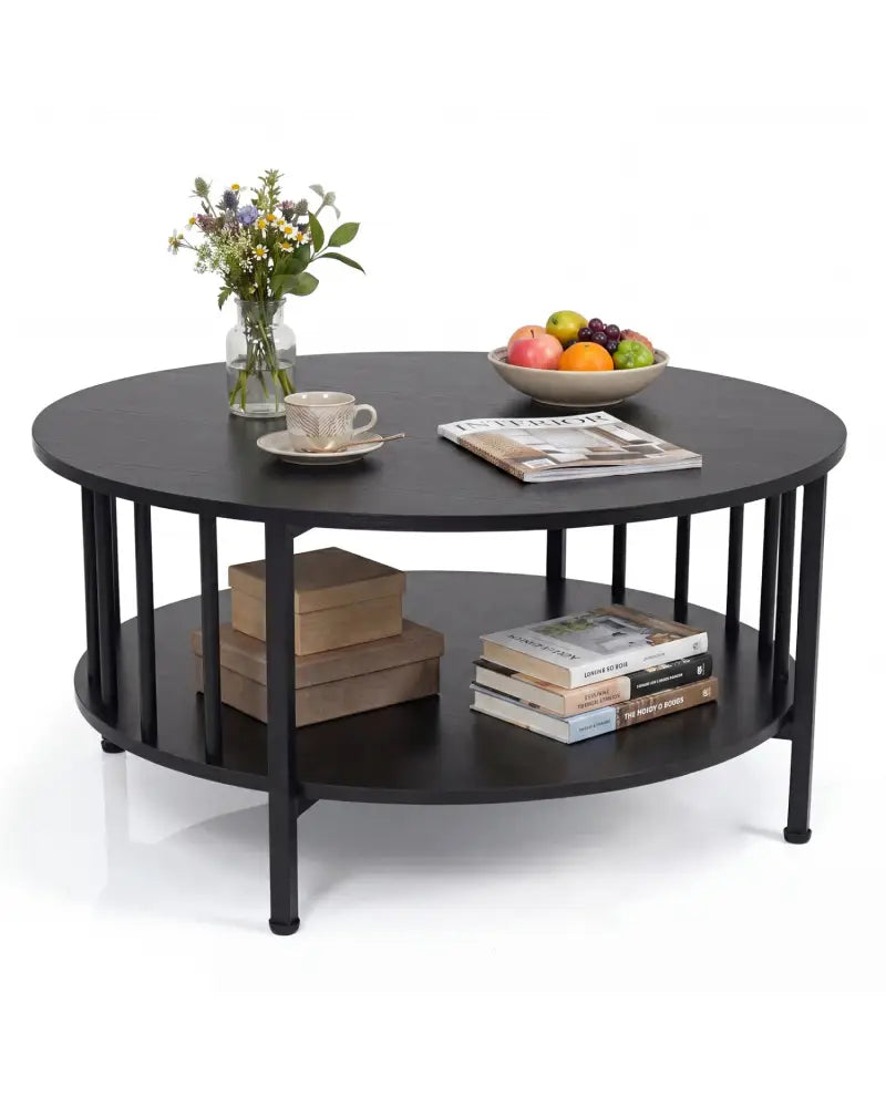 2-Tier Round Coffee Table with Storage Shelf and Metal Accents in Black Walnut-Black - Black - Coffee Tables