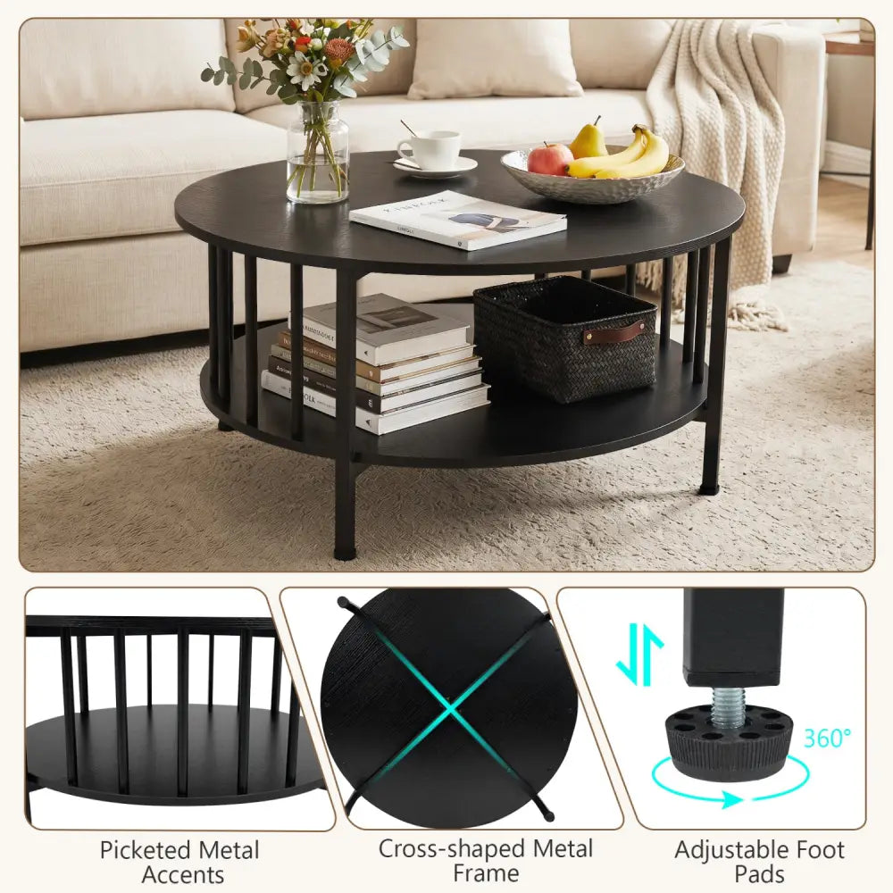 2-Tier Round Coffee Table with Storage Shelf and Metal Accents in Black Walnut-Black - Black - Coffee Tables