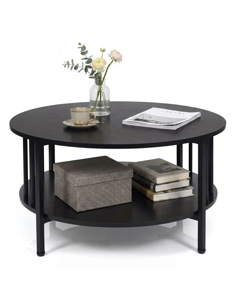 2-Tier Round Coffee Table with Storage Shelf and Metal Accents in Black Walnut-Black - Black - Coffee Tables