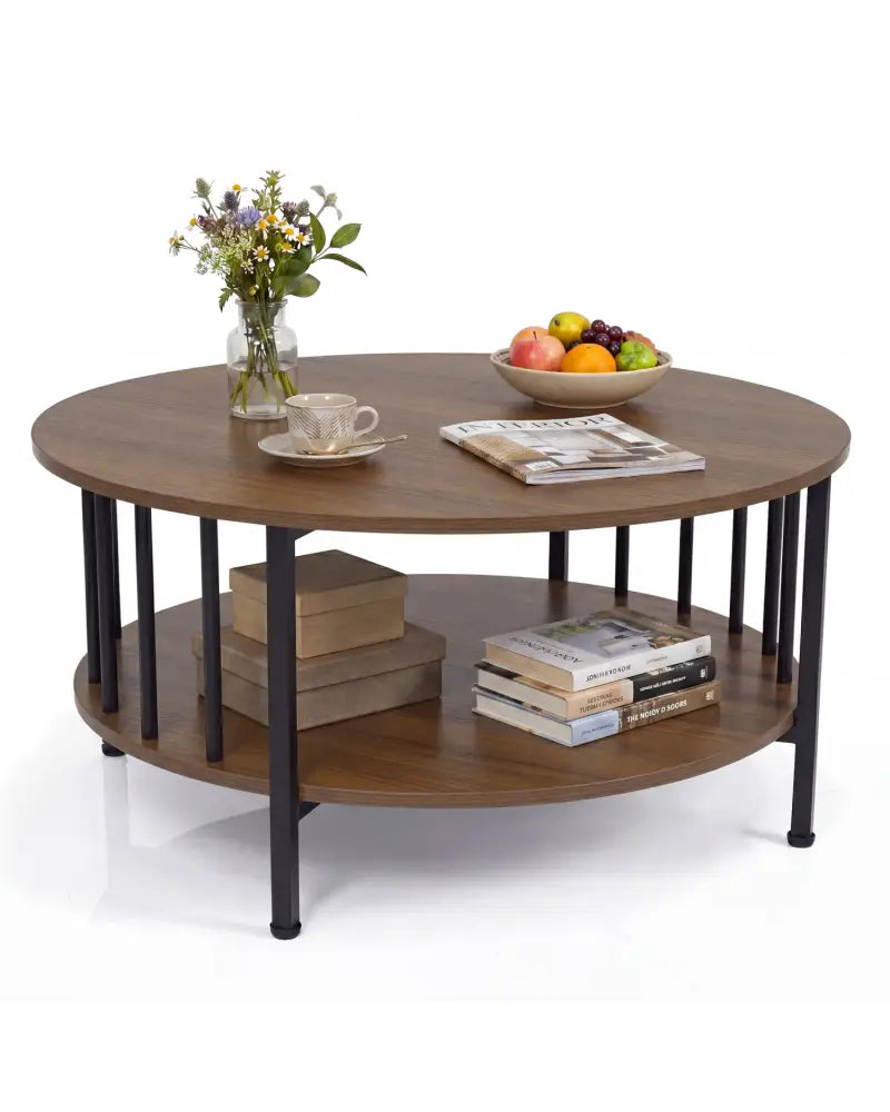 2-Tier Round Coffee Table with Storage Shelf and Metal Accents in Black Walnut-Walnut - Walnut - Coffee Tables