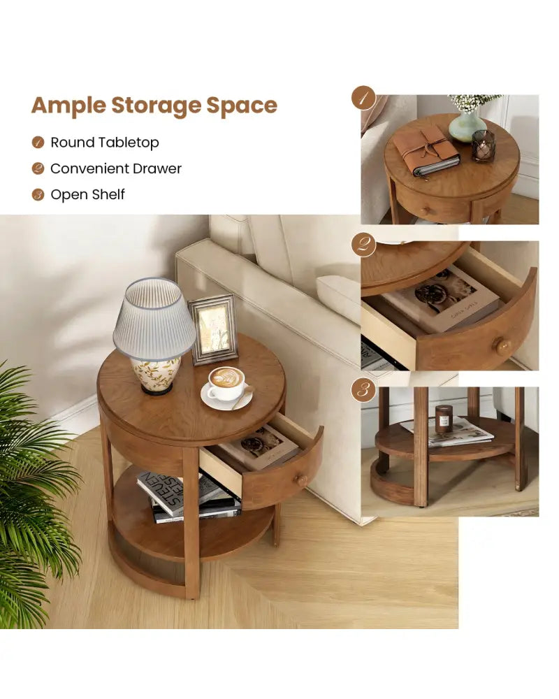 2-Tier Round End Table Mid Century Modern Nightstand-Oak - Oak - End & Side Tables