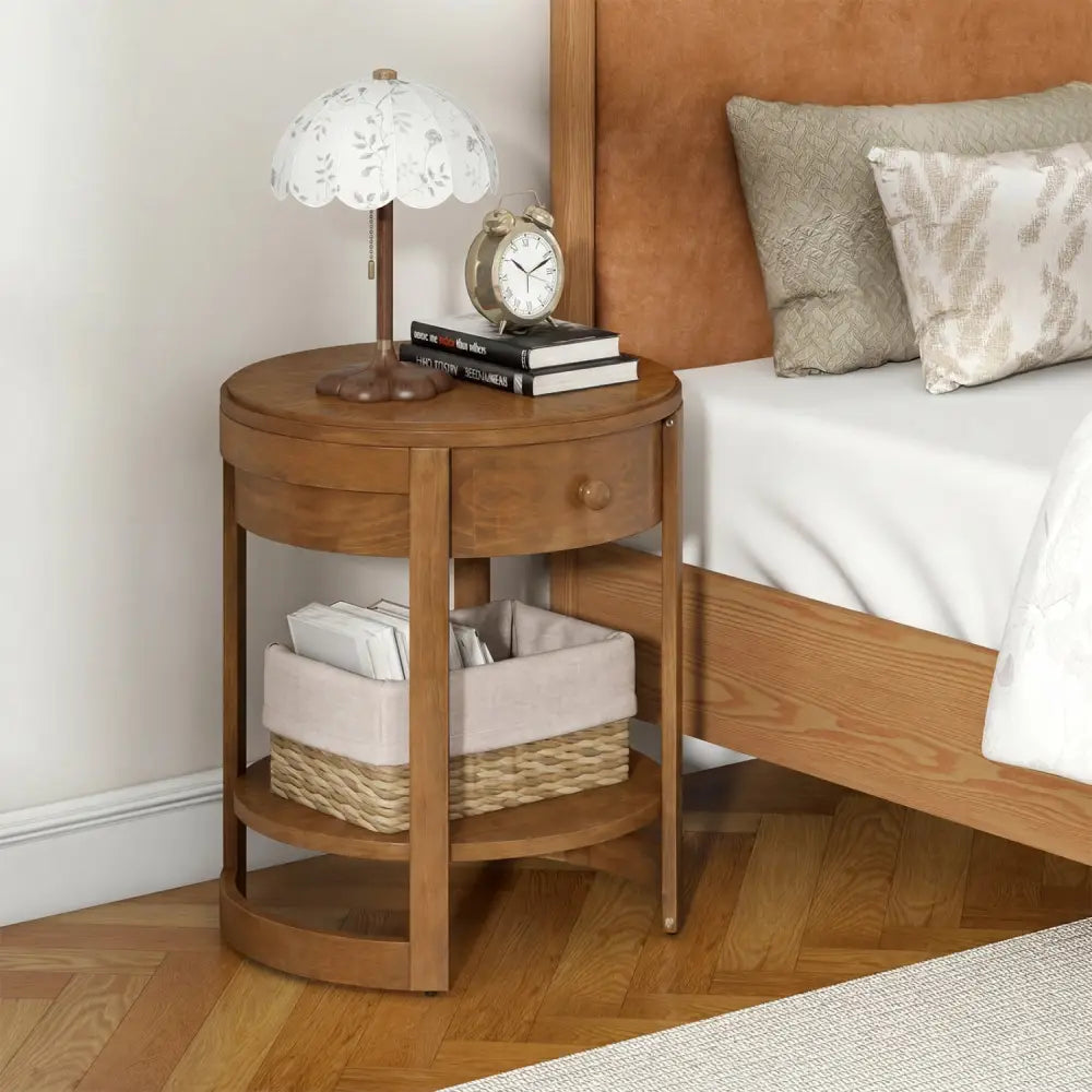 2-Tier Round End Table Mid Century Modern Nightstand-Oak - Oak - End & Side Tables