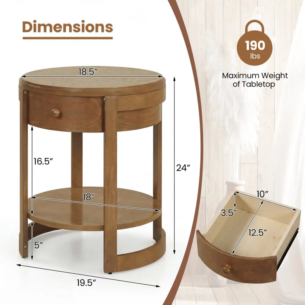 2-Tier Round End Table Mid Century Modern Nightstand-Oak - Oak - End & Side Tables