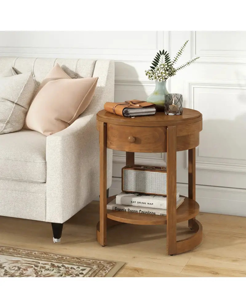 2-Tier Round End Table Mid Century Modern Nightstand-Oak - Oak - End & Side Tables