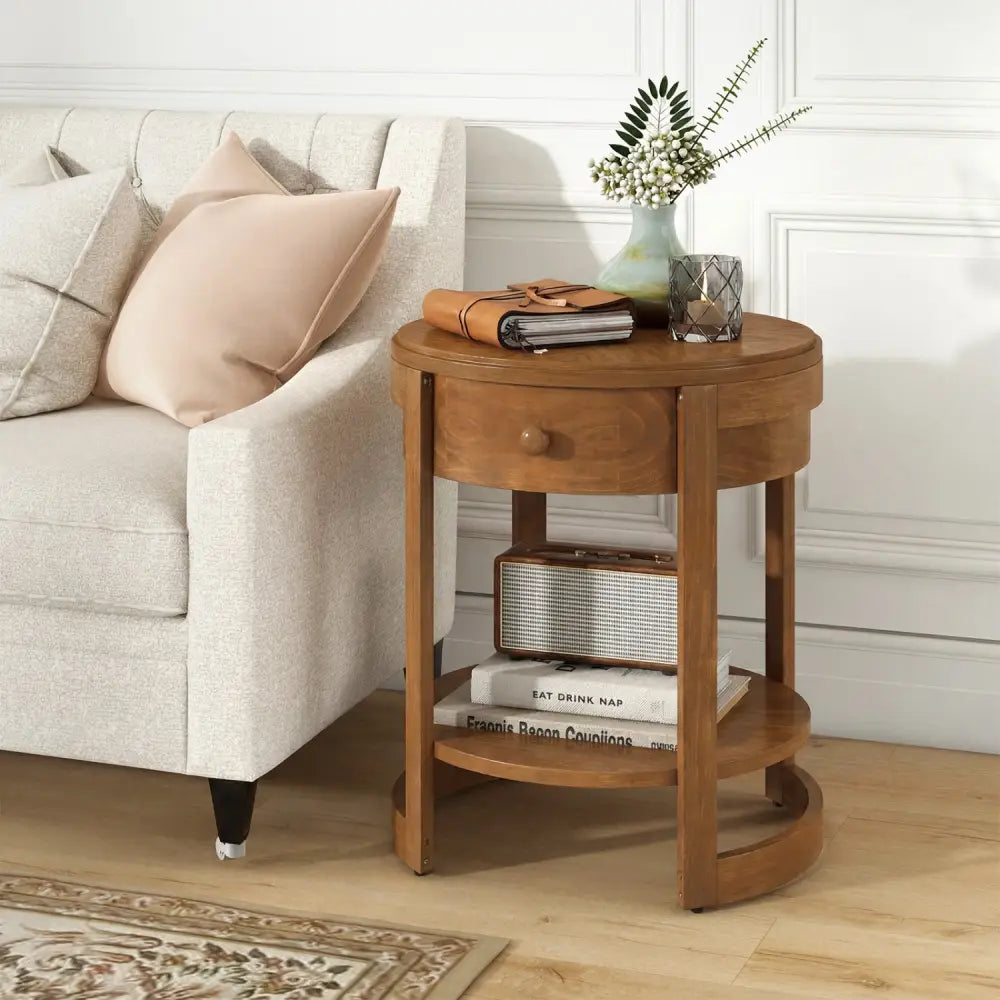 2-Tier Round End Table Mid Century Modern Nightstand-Oak - Oak - End & Side Tables