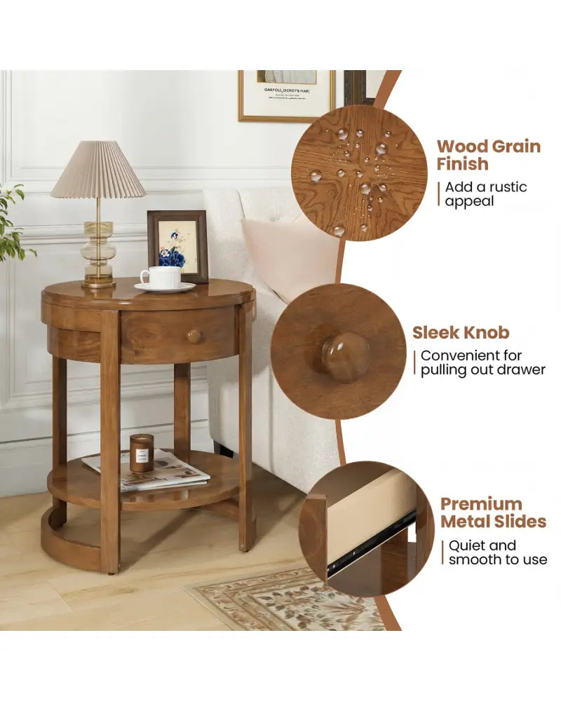 2-Tier Round End Table Mid Century Modern Nightstand Set of 2-Oak - Oak - End & Side Tables