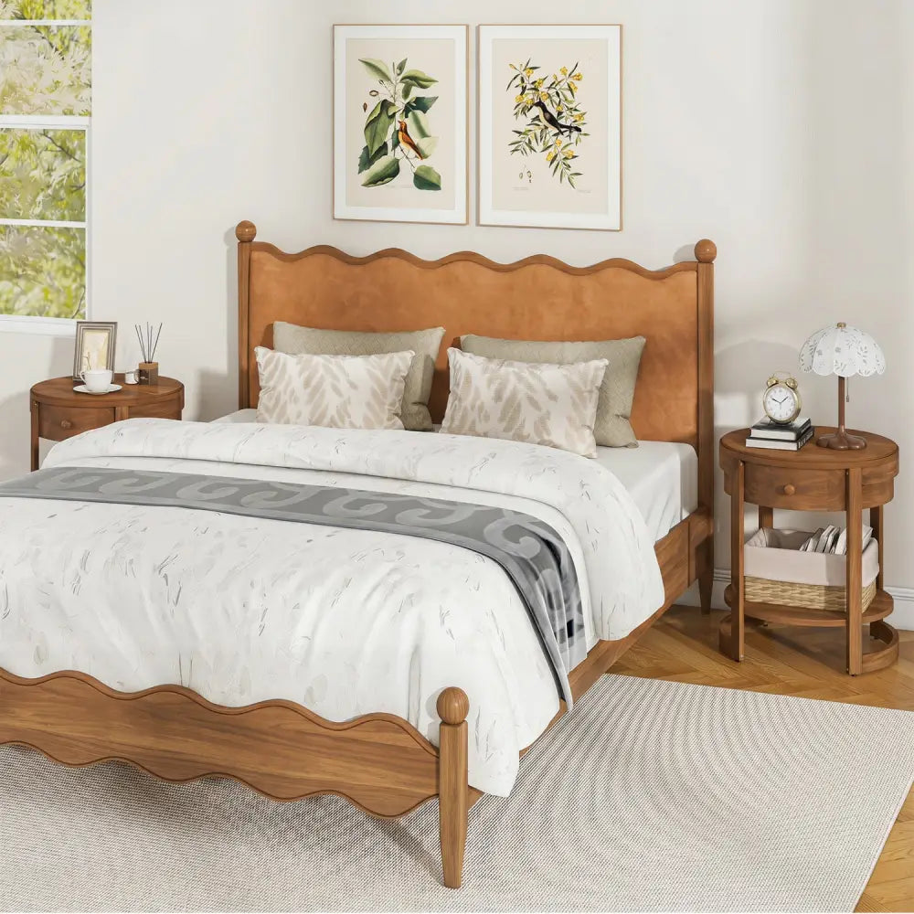 2-Tier Round End Table Mid Century Modern Nightstand Set of 2-Oak - Oak - End & Side Tables