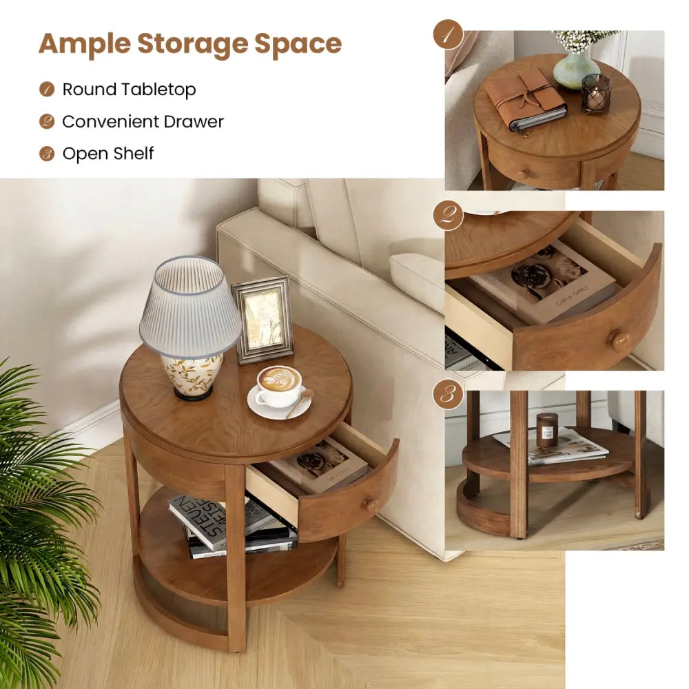 2-Tier Round End Table Mid Century Modern Nightstand Set of 2-Oak - Oak - End & Side Tables