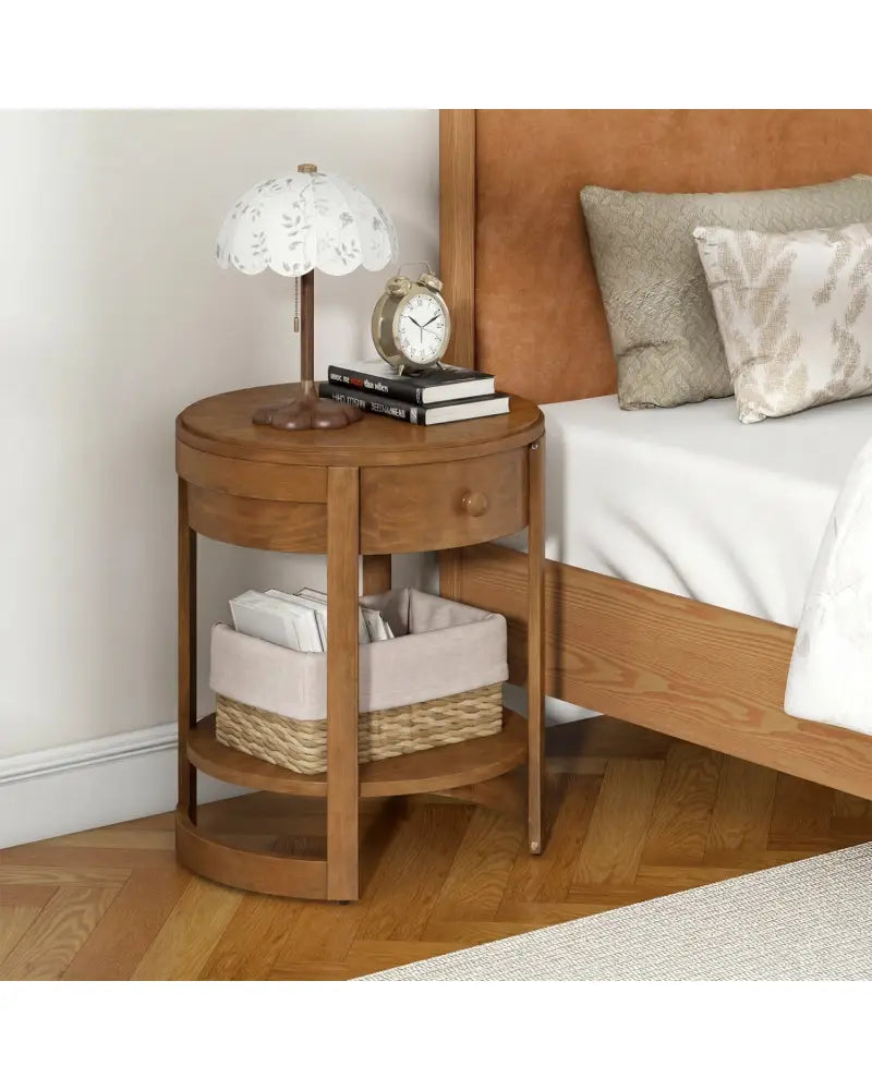 2-Tier Round End Table Mid Century Modern Nightstand Set of 2-Oak - Oak - End & Side Tables
