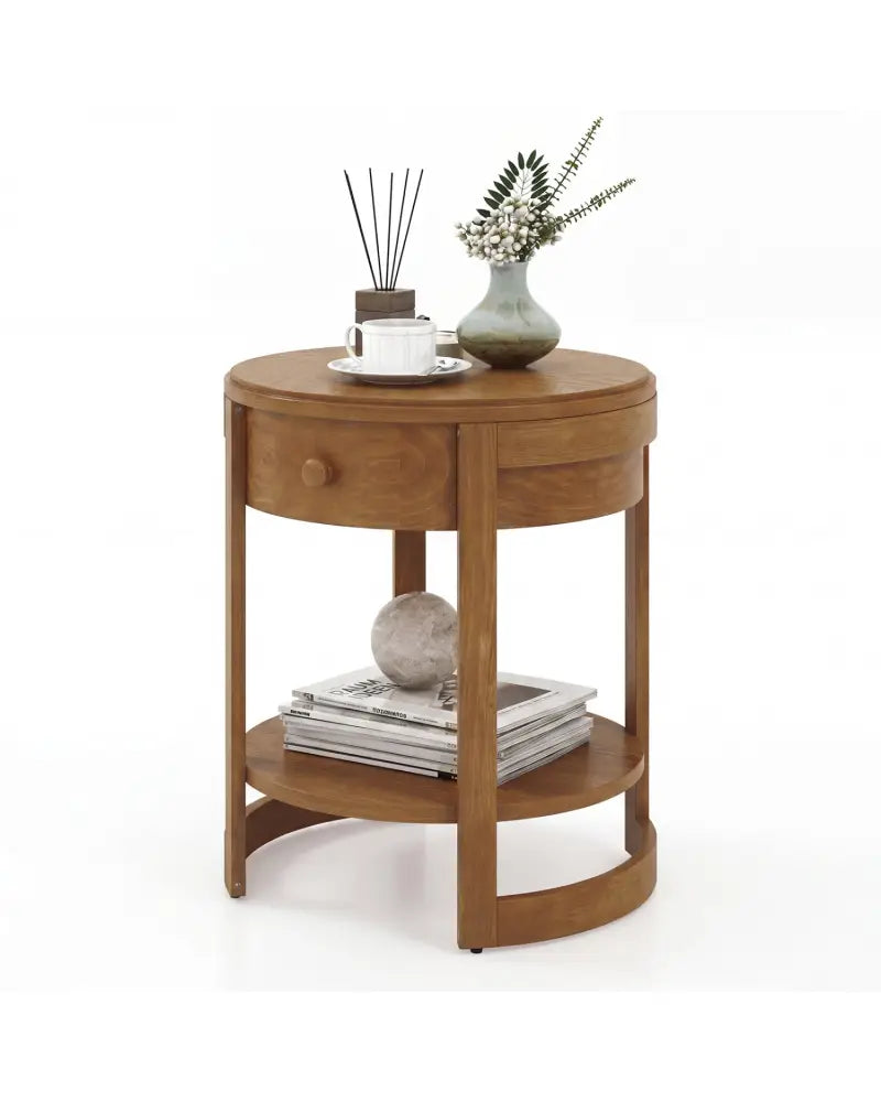 2-Tier Round End Table Mid Century Modern Nightstand Set of 2-Oak - Oak - End & Side Tables