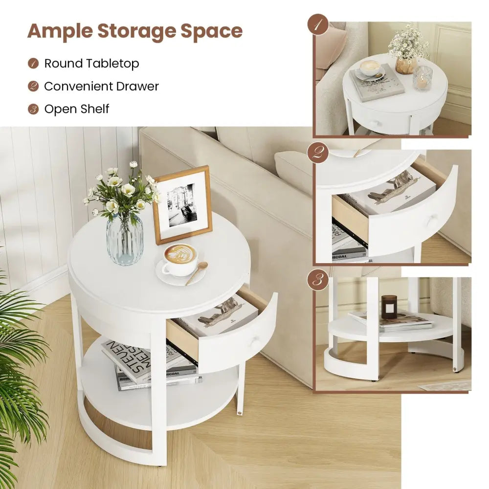 2-Tier Round End Table Mid Century Modern Nightstand-White Costway