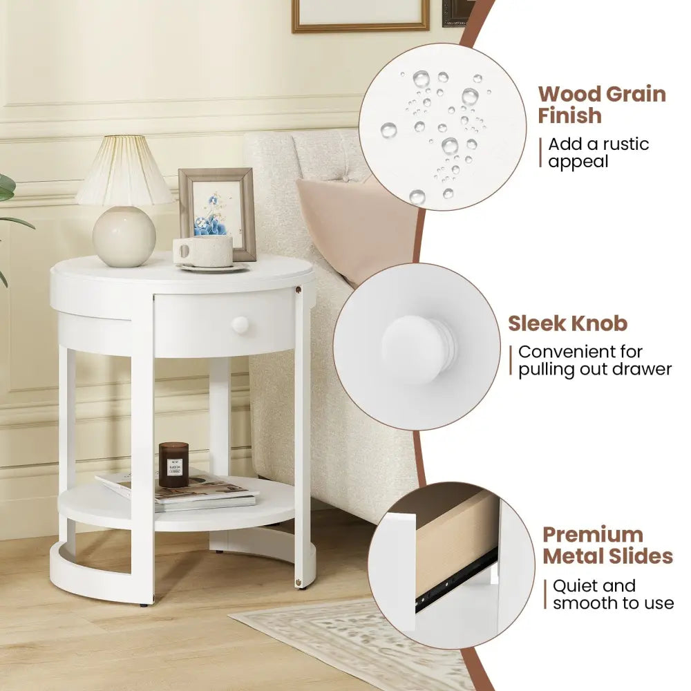 2-Tier Round End Table Mid Century Modern Nightstand-White Costway