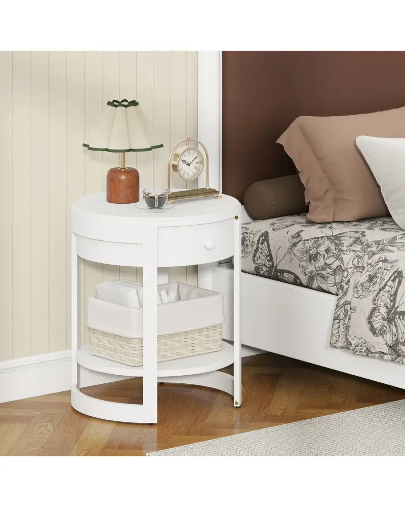 2-Tier Round End Table Mid Century Modern Nightstand-White - White - End & Side Tables