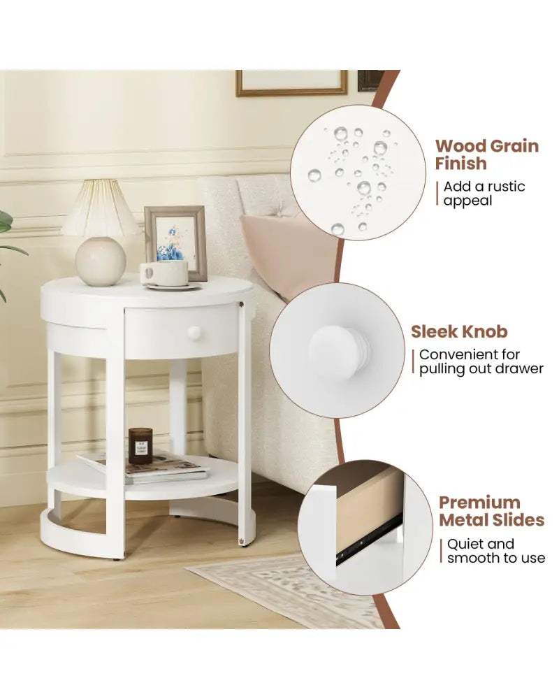 2-Tier Round End Table Mid Century Modern Nightstand-White - White - End & Side Tables