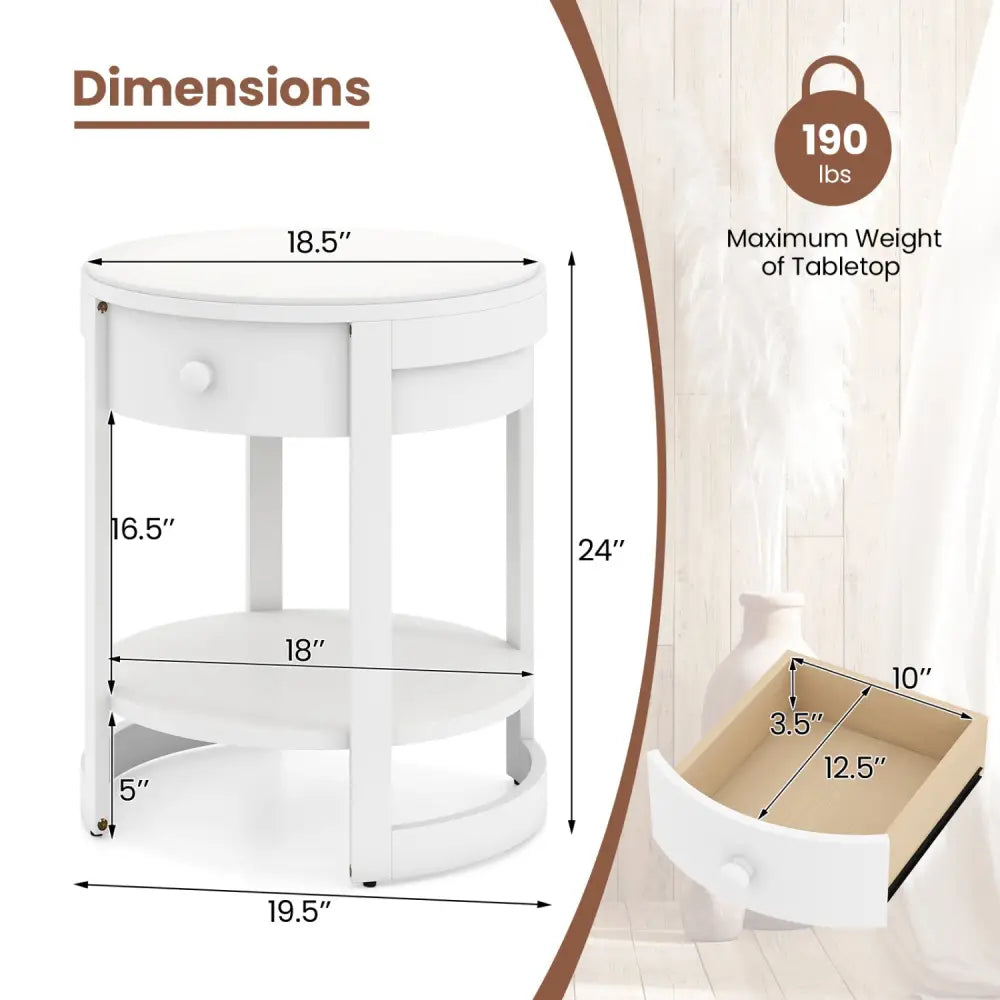 2-Tier Round End Table Mid Century Modern Nightstand-White - White - End & Side Tables