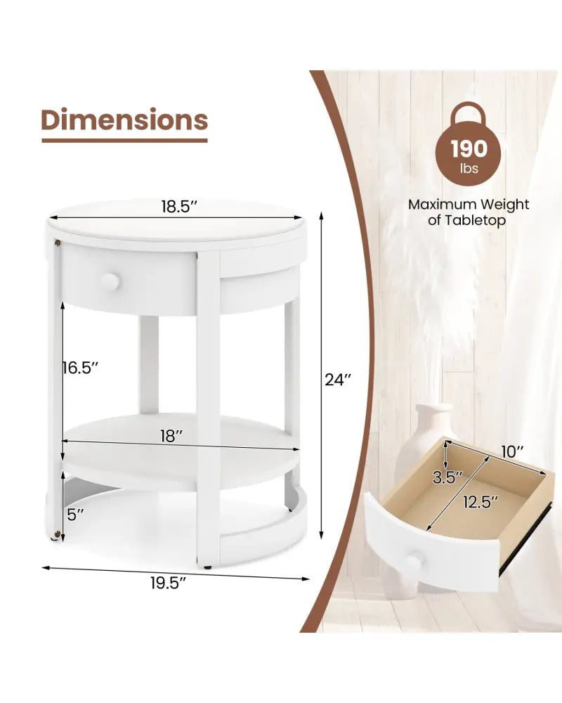 2-Tier Round End Table Mid Century Modern Nightstand-White - White - End & Side Tables