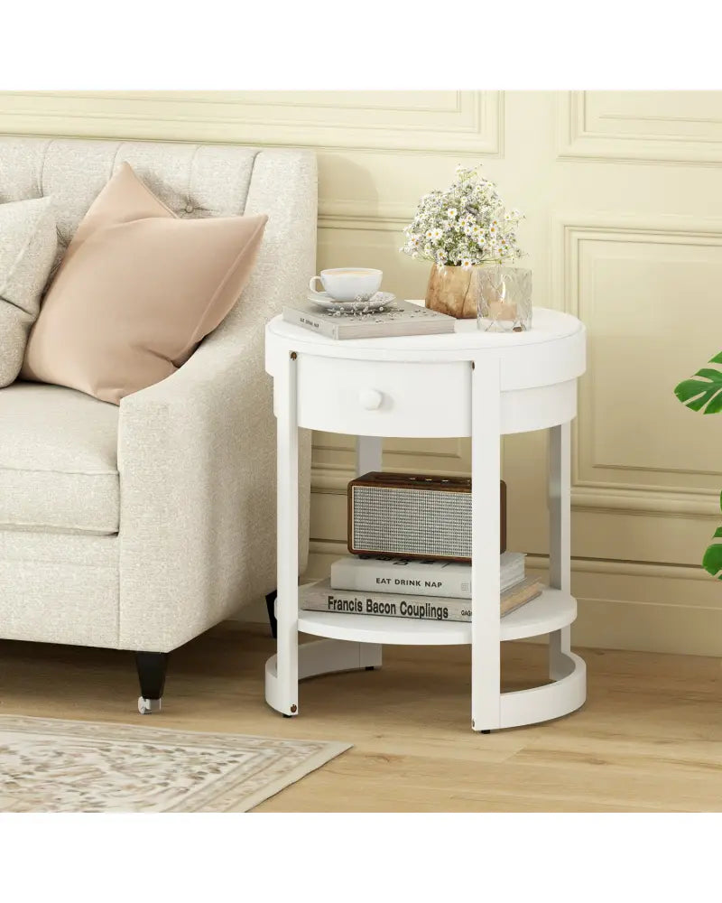 2-Tier Round End Table Mid Century Modern Nightstand-White - White - End & Side Tables