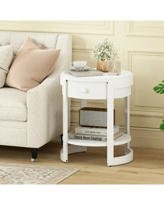 2-Tier Round End Table Mid Century Modern Nightstand-White - White - End & Side Tables