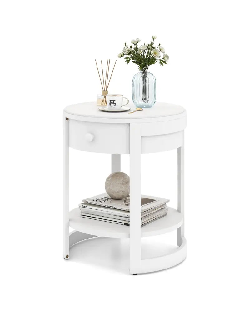 2-Tier Round End Table Mid Century Modern Nightstand-White - White - End & Side Tables