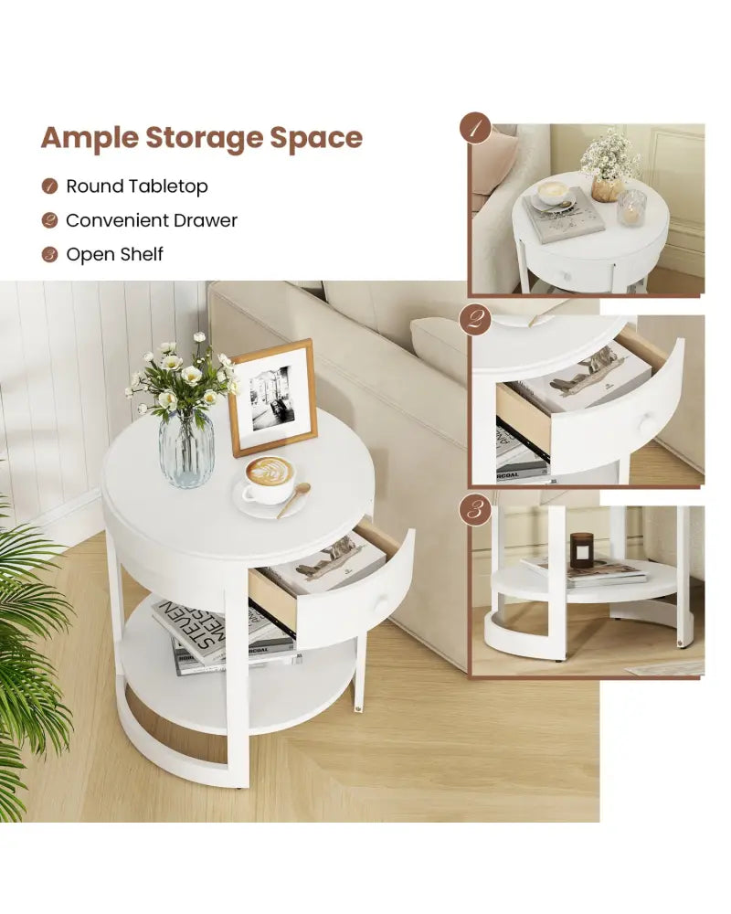 2-Tier Round End Table Mid Century Modern Nightstand-White - White - End & Side Tables