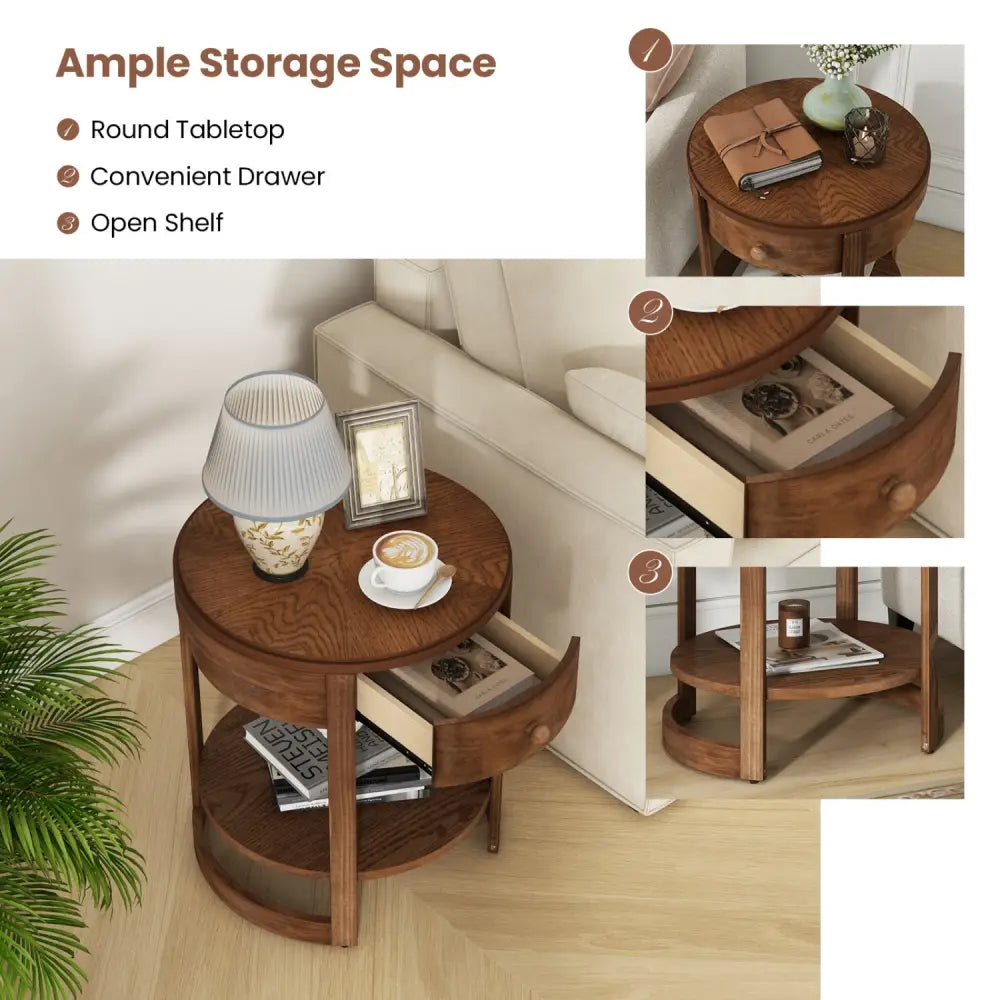 2-Tier Round End Table Mid Century Modern Nightstand with Drawer and Shelf - Brown - End & Side Tables