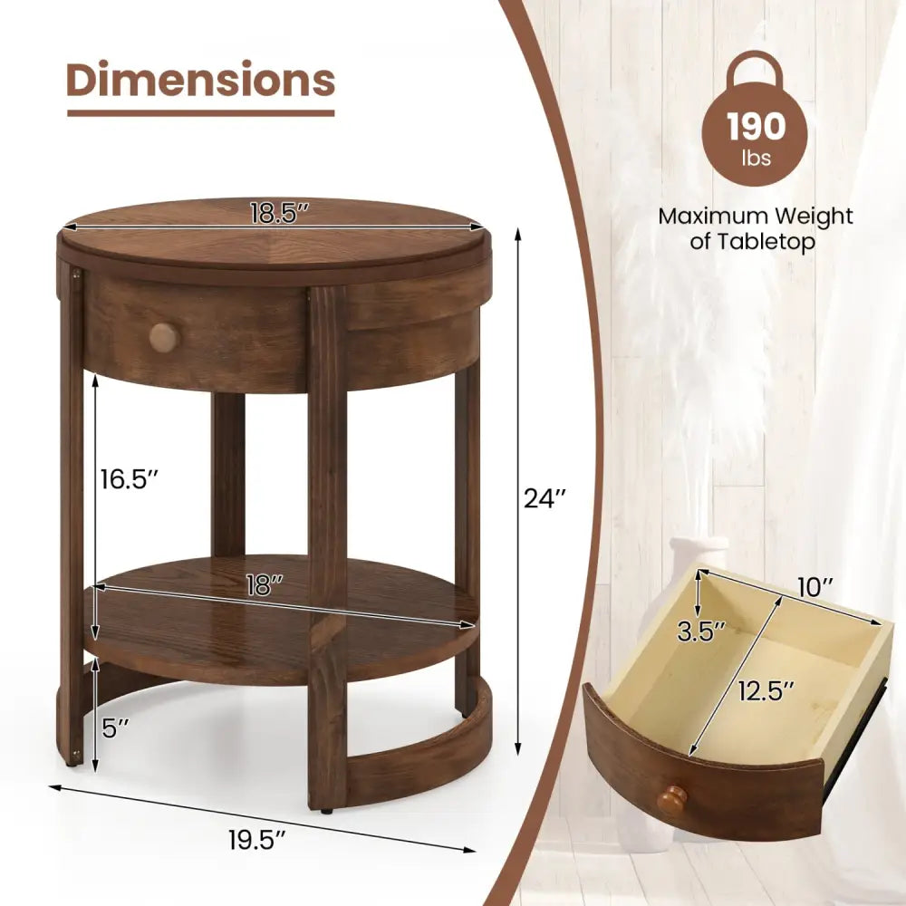 2-Tier Round End Table Mid Century Modern Nightstand with Drawer and Shelf - Brown - End & Side Tables