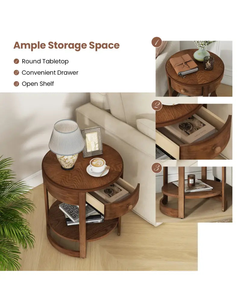 2-Tier Round End Table Mid Century Modern Nightstand with Drawer and Shelf - Brown - End & Side Tables