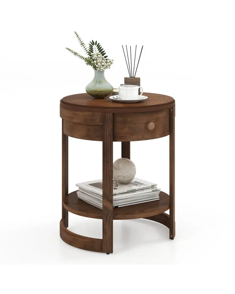 2-Tier Round End Table Mid Century Modern Nightstand with Drawer and Shelf - Brown - End & Side Tables
