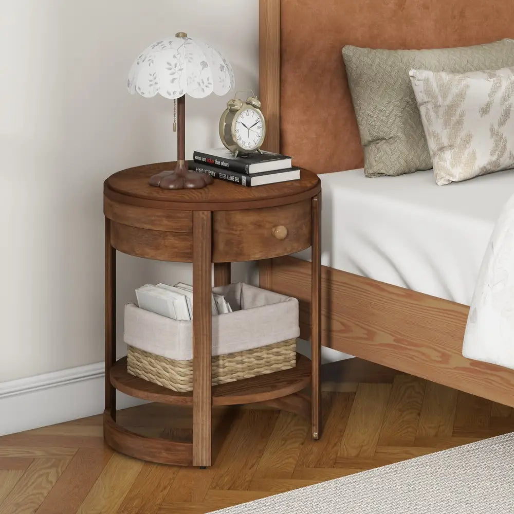 2-Tier Round End Table Mid Century Modern Nightstand with Drawer and Shelf - Brown - End & Side Tables