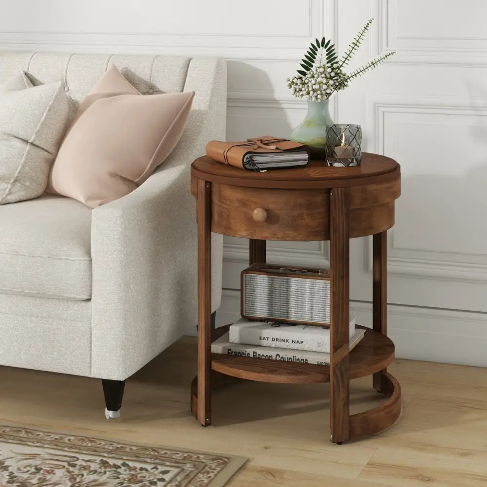 2-Tier Round End Table Mid Century Modern Nightstand with Drawer and Shelf - Brown - End & Side Tables