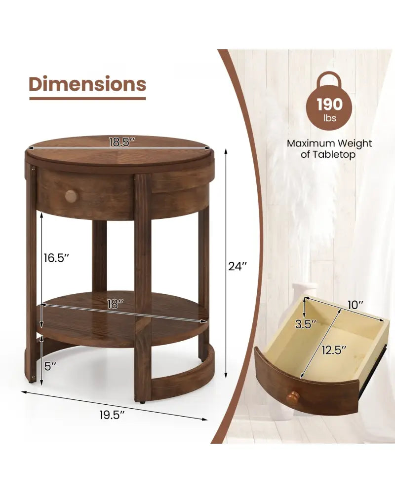 2-Tier Round End Table Mid Century Modern Nightstand with Drawer and Shelf - Brown - End & Side Tables