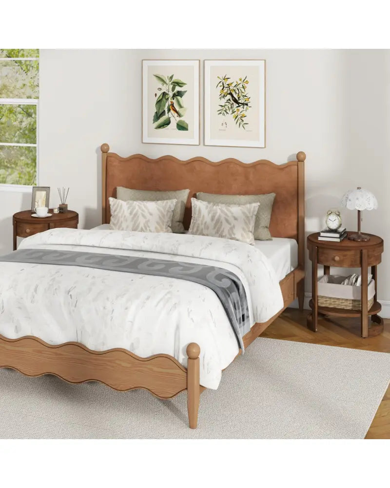 2-Tier Round End Table Mid Century Modern Nightstand with Drawer and Shelf - Brown - End & Side Tables