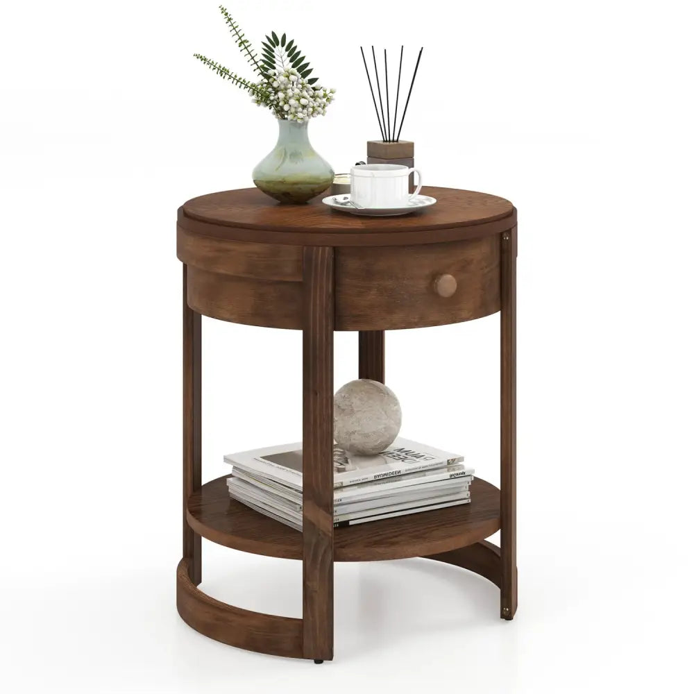 2-Tier Round End Table Mid Century Modern Nightstand with Drawer and Shelf - Brown - End & Side Tables