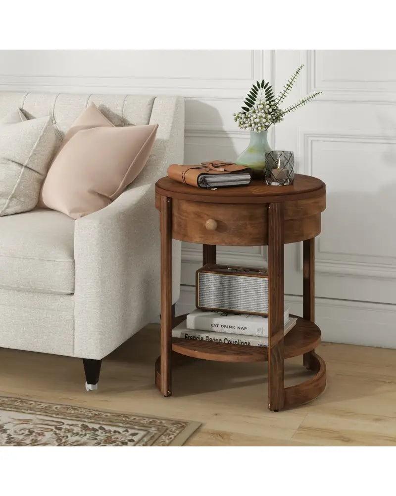 2-Tier Round End Table Mid Century Modern Nightstand with Drawer and Shelf - Brown - End & Side Tables