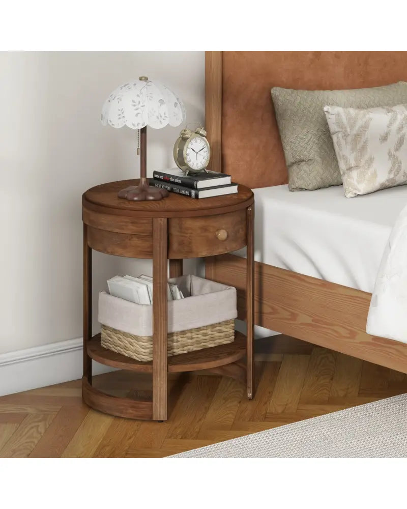2-Tier Round End Table Mid Century Modern Nightstand with Drawer and Shelf - Brown - End & Side Tables
