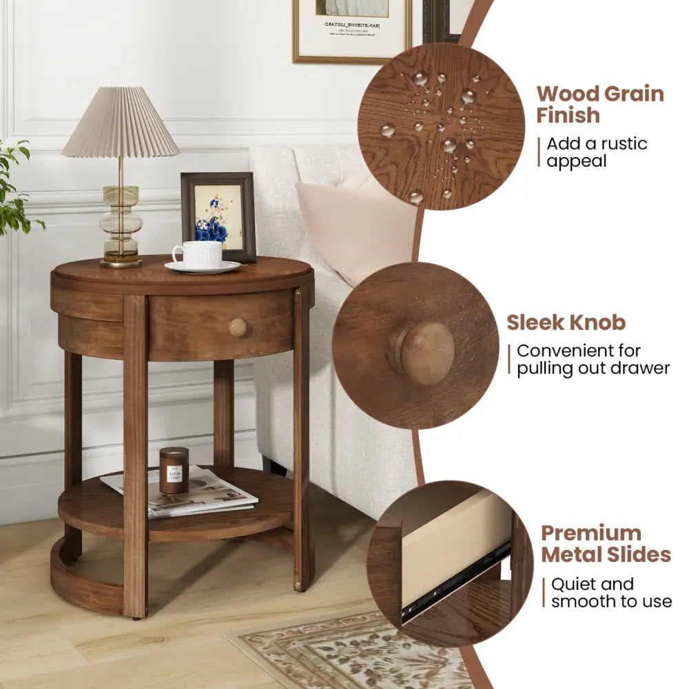 2-Tier Round End Table Mid Century Modern Nightstand with Drawer and Shelf - Brown - End & Side Tables