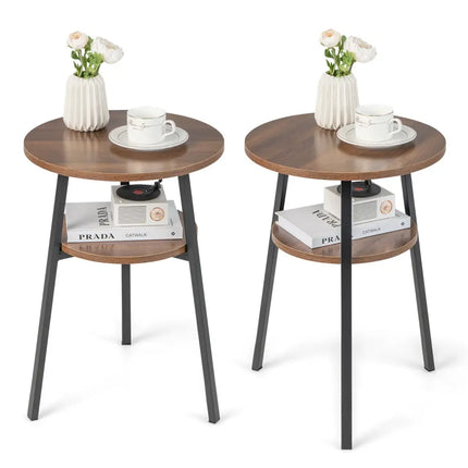 2-Tier Round End Table Set of 2 with Open Shelf and Triangular Metal Frame-Walnut Costway
