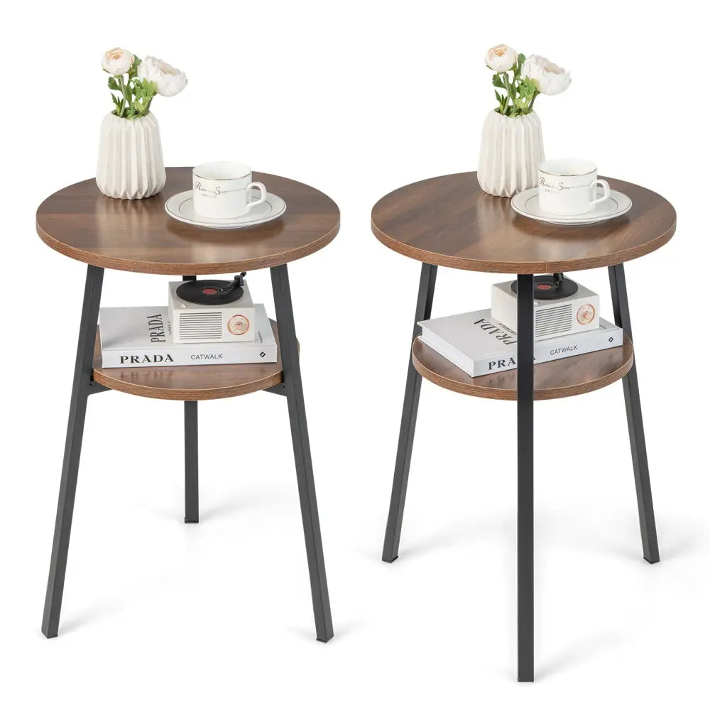 2-Tier Round End Table Set of 2 with Open Shelf and Triangular Metal Frame-Walnut Costway