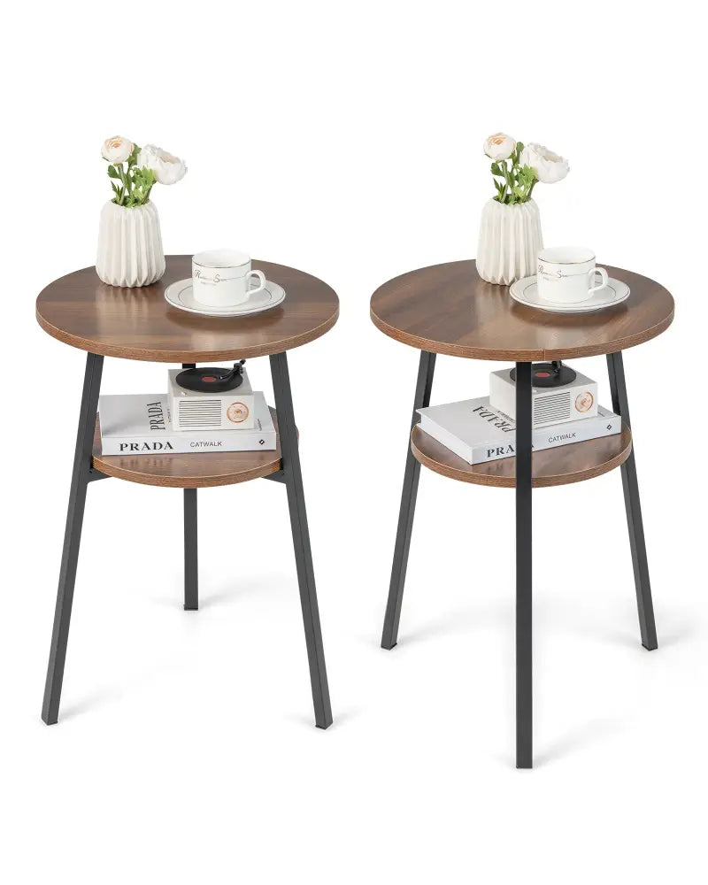 2-Tier Round End Table Set of 2 with Open Shelf and Triangular Metal Frame-Walnut - Walnut - End & Side Tables