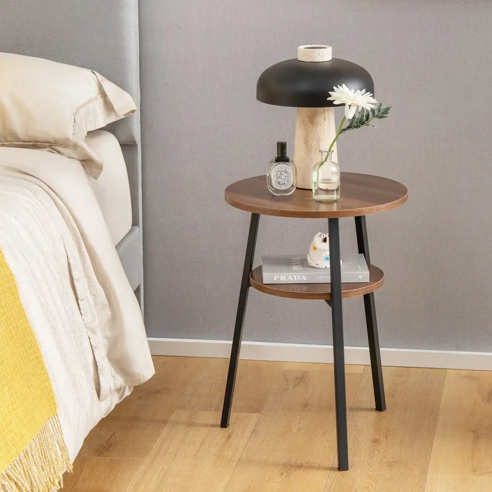 2-Tier Round End Table Set of 2 with Open Shelf and Triangular Metal Frame-Walnut - Walnut - End & Side Tables