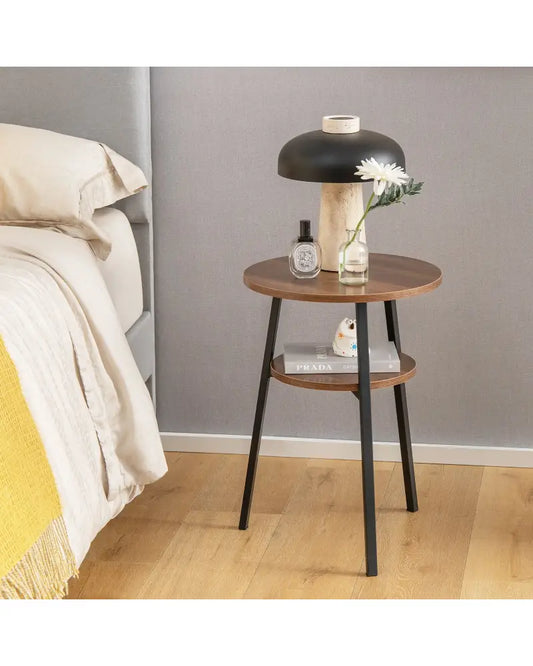 2-Tier Round End Table Set of 2 with Open Shelf and Triangular Metal Frame-Walnut - Walnut - End & Side Tables
