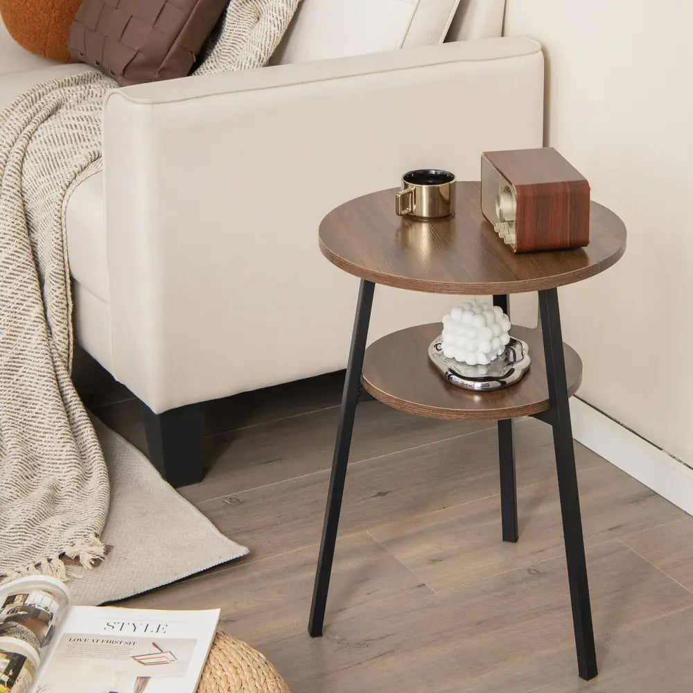 2-Tier Round End Table Set of 2 with Open Shelf and Triangular Metal Frame-Walnut Costway