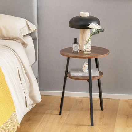 2-Tier Round End Table Set of 2 with Open Shelf and Triangular Metal Frame-Walnut Costway