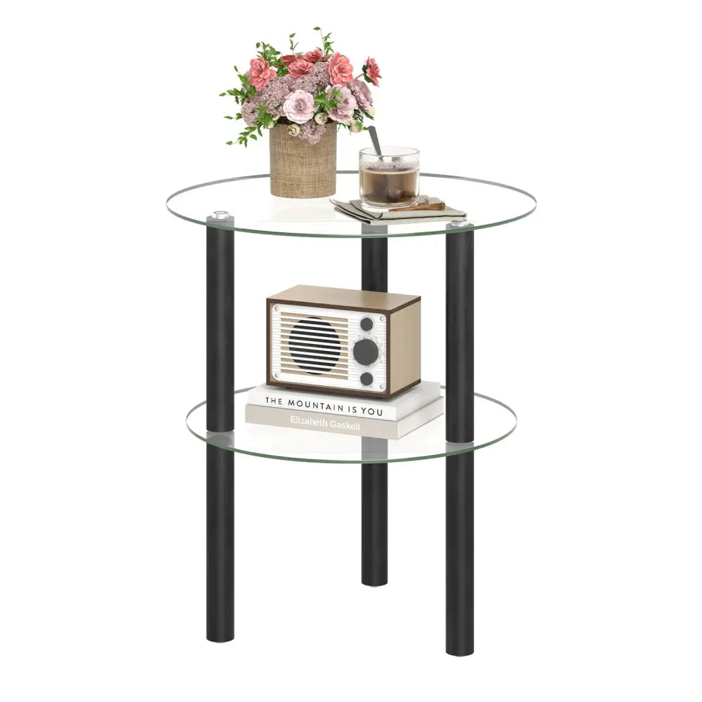 2-Tier Round End Table with Clear Tempered Glass Top and Shelf-Black - Black - End & Side Tables