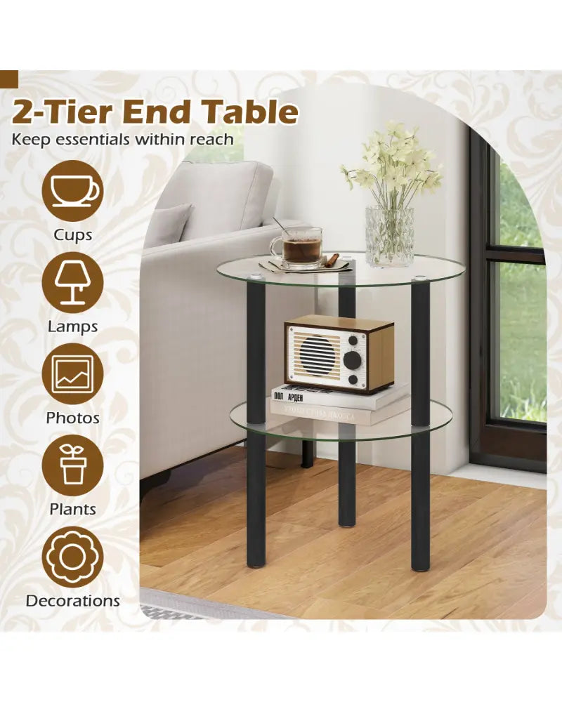 2-Tier Round End Table with Clear Tempered Glass Top and Shelf-Black - Black - End & Side Tables