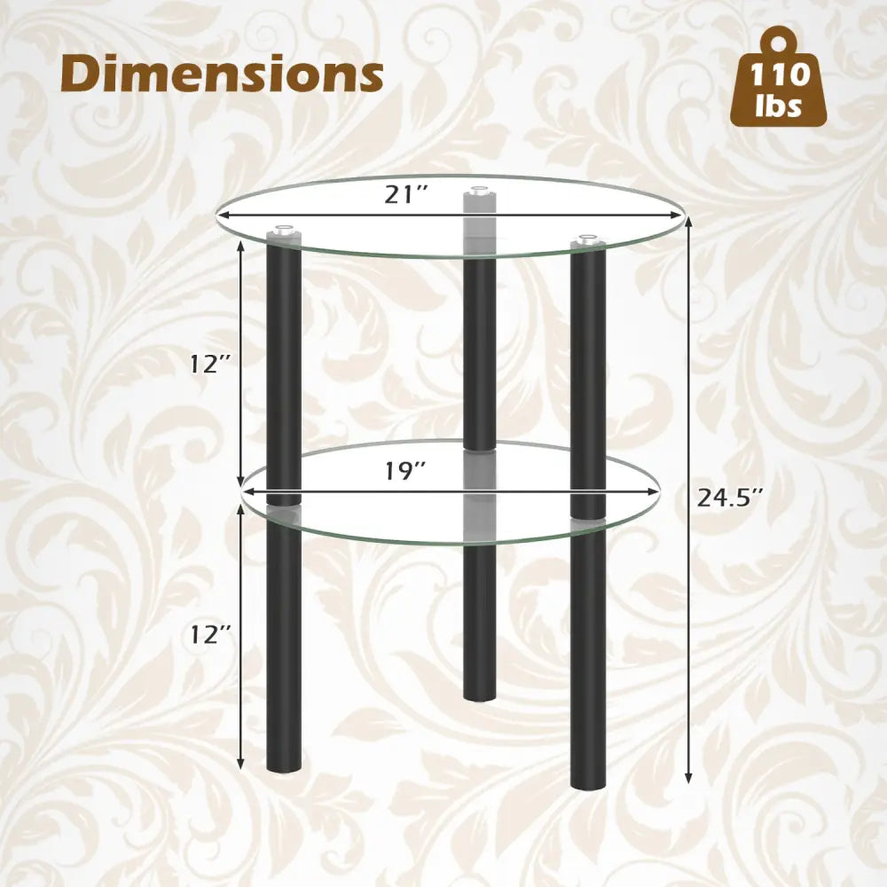 2-Tier Round End Table with Clear Tempered Glass Top and Shelf-Black - Black - End & Side Tables